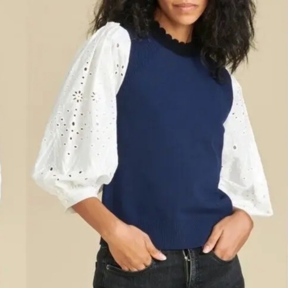 Veronica Beard Women's Roy Mixed Media Pullover Knit Sweater Navy White Size XS - Picture 13 of 13